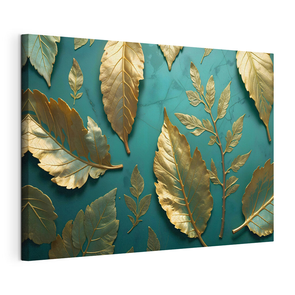 Gouden bladval op turquoise, gespannen canvas met doorlopende rand
