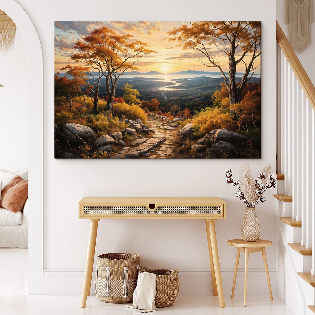 Pad door een vallei met bomen en een rivier in een interieur
