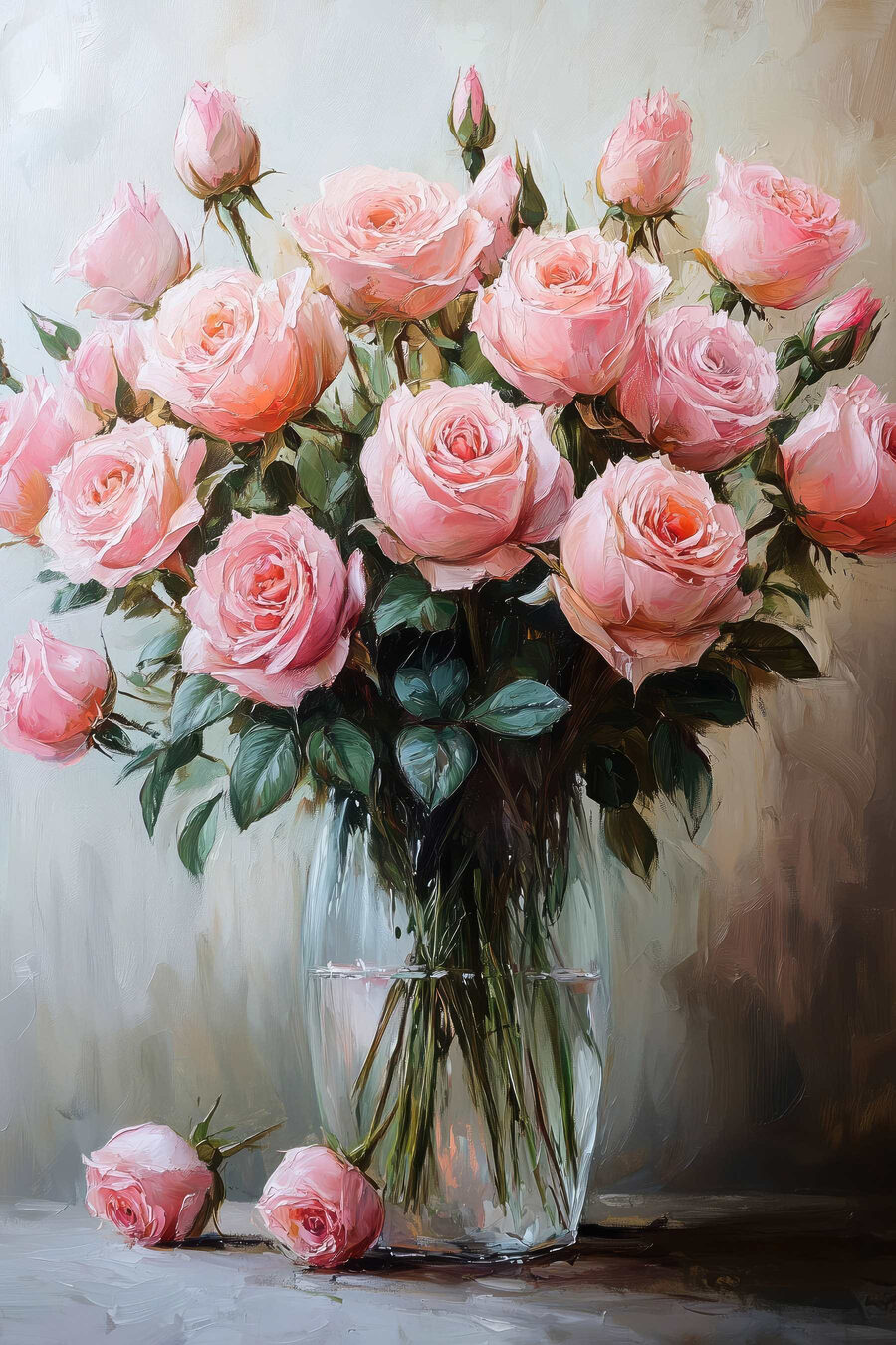 Schilderij van roze rozen in een vaas — volledig ontwerp
