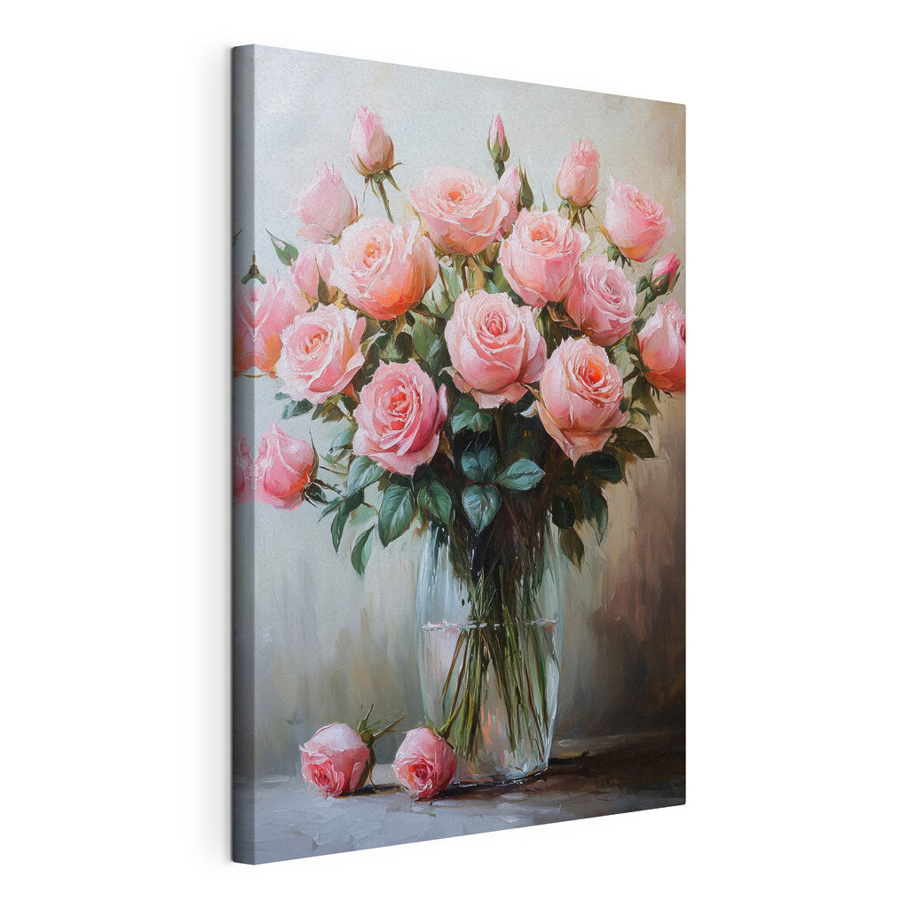 Schilderij van roze rozen in een vaas, gespannen canvas met doorlopende rand