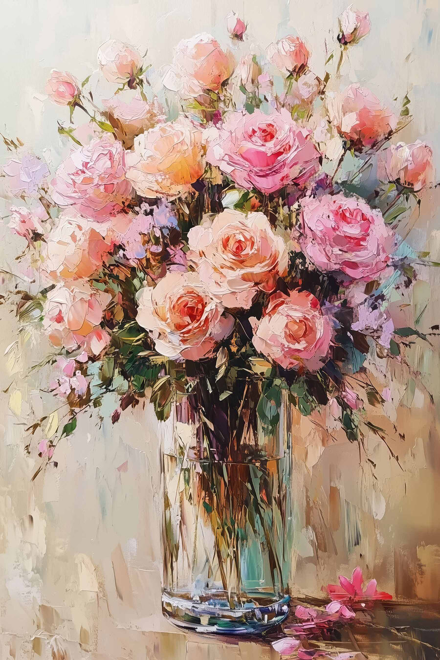 Schilderij van een boeket roze rozen — volledig ontwerp