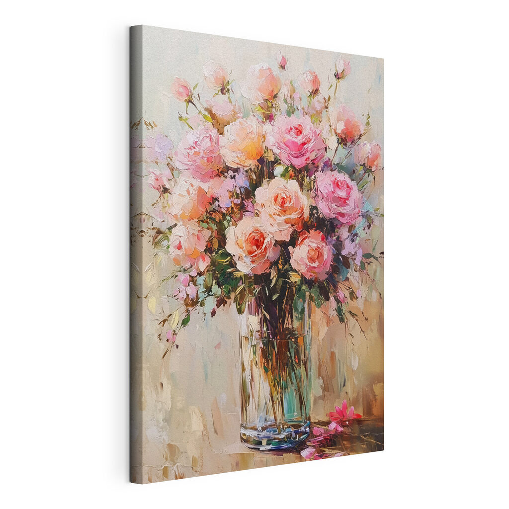 Schilderij van een boeket roze rozen, gespannen canvas met doorlopende rand