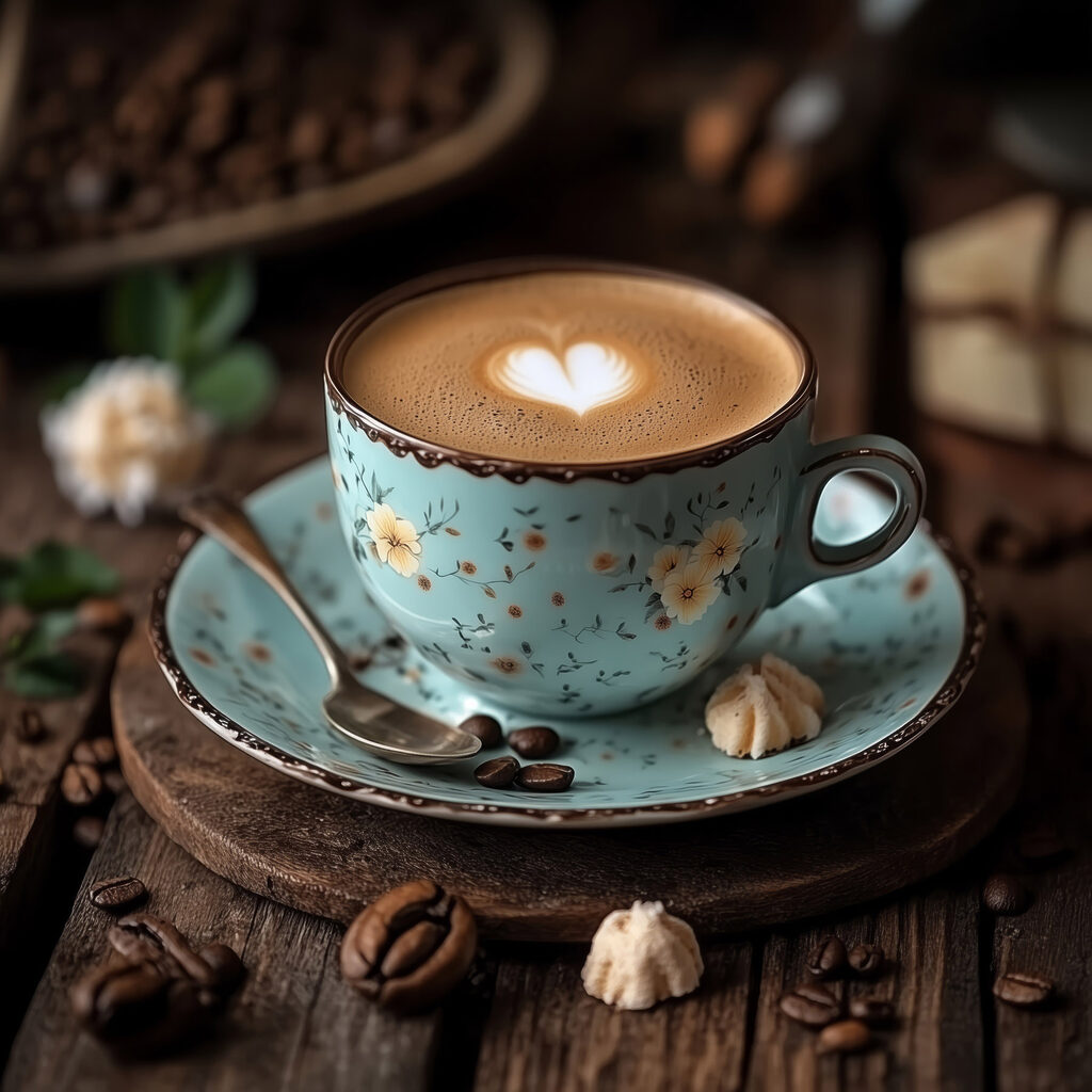 Cappuccinohart in turquoise kopje — volledig ontwerp