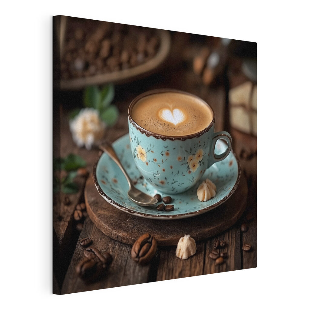 Cappuccinohart in turquoise kopje, gespannen canvas met doorlopende rand