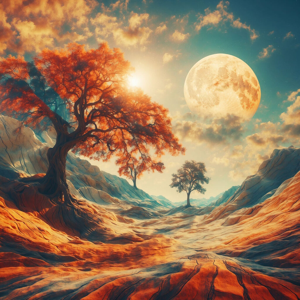 Herfstboom onder gouden maan — volledig ontwerp