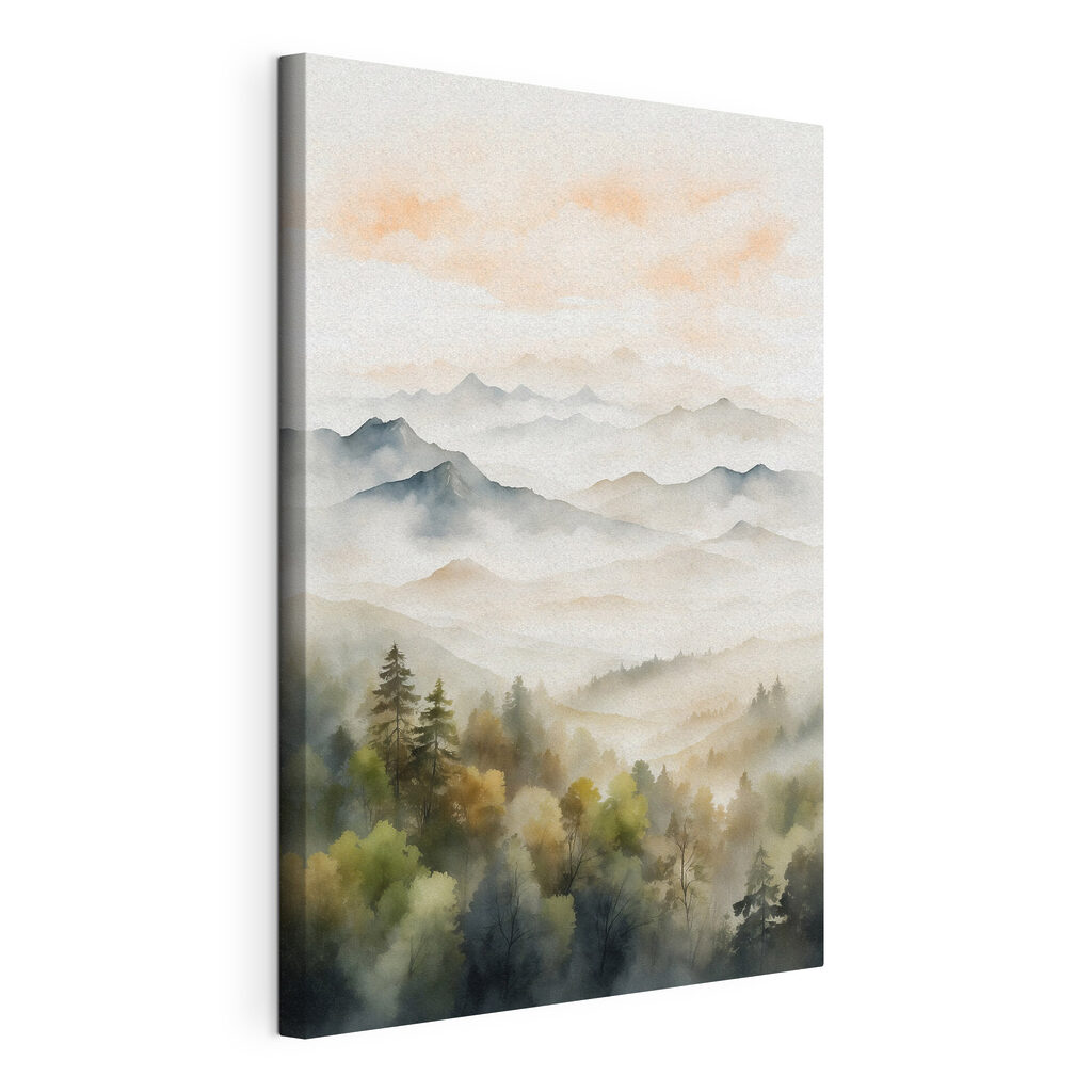Bergdal onder abrikooskleurige lucht, gespannen canvas met doorlopende rand