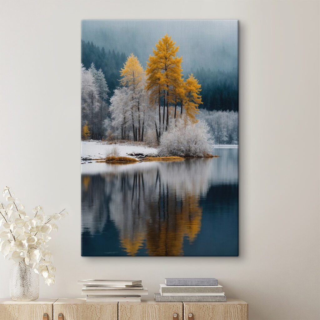 Gele bomen naast winterberken in een interieur