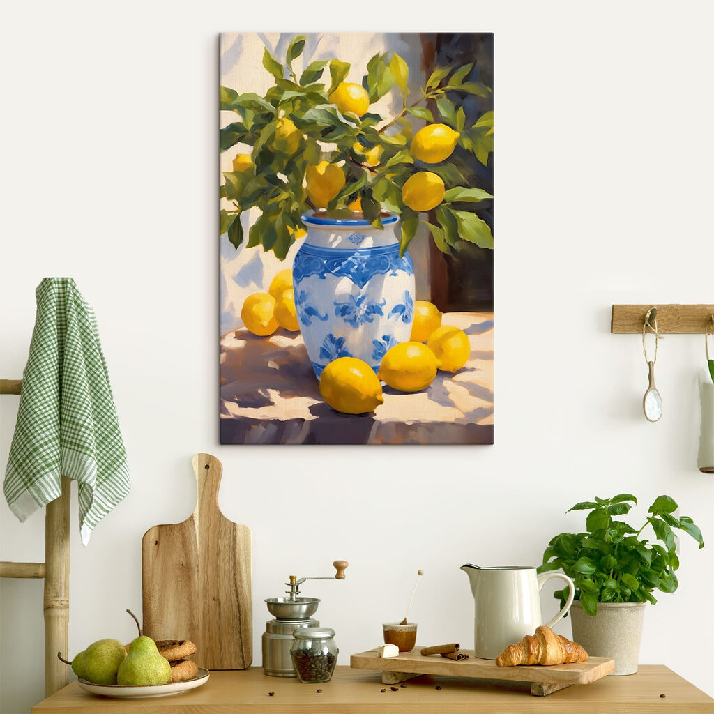 Schilderij van citroenen in een vaas in een interieur