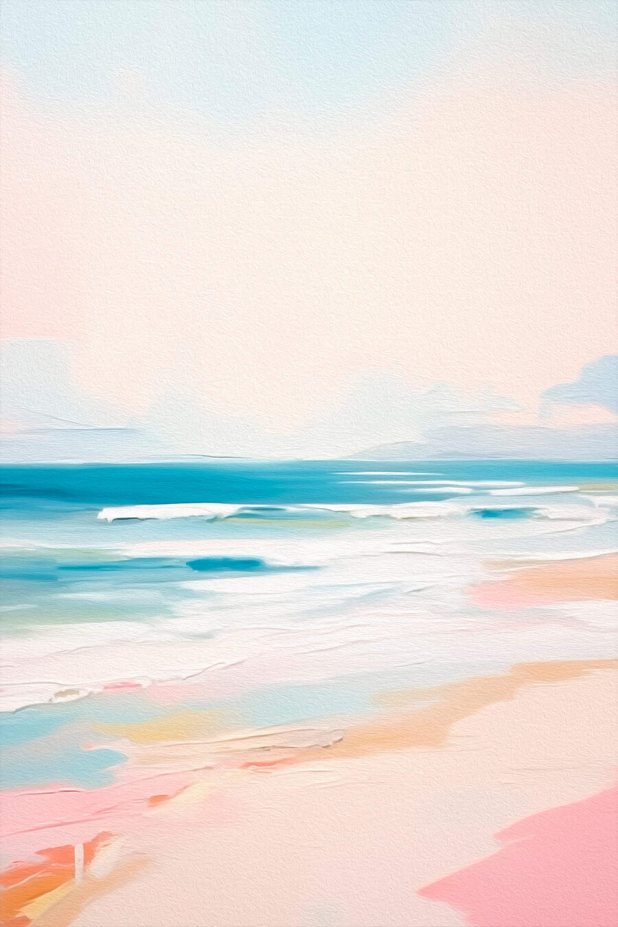 Pastelstrand onder zachtblauwe lucht — volledig ontwerp