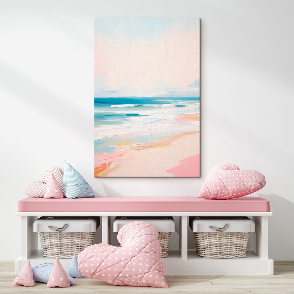 Pastelstrand onder zachtblauwe lucht — interieur 1