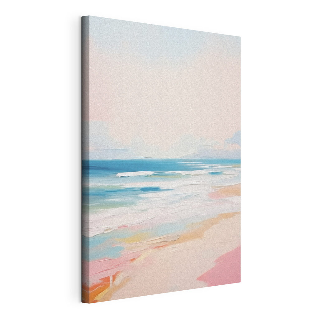 Pastelstrand onder zachtblauwe lucht — productweergave