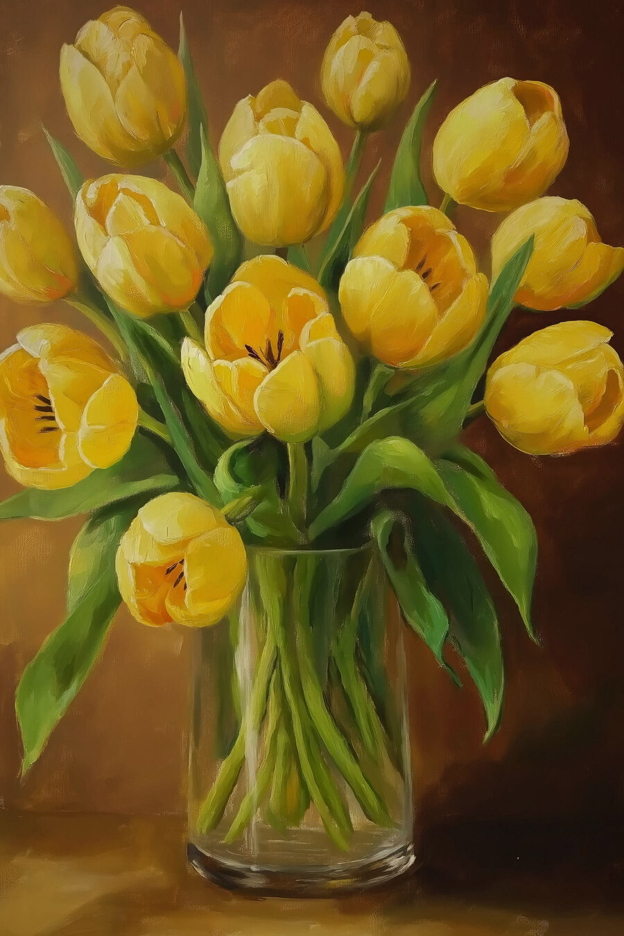 Gele tulpen tegen bruin — volledig ontwerp