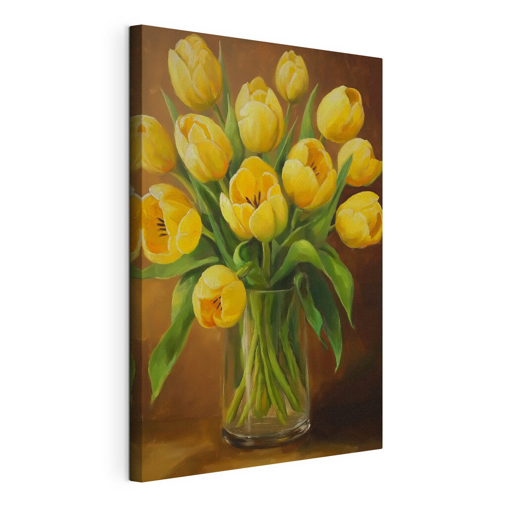 Gele tulpen tegen bruin, gespannen canvas met doorlopende rand