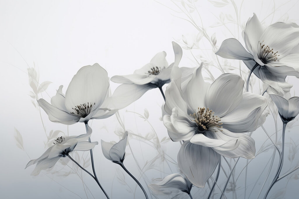 Bloemen in flinterdunne grijstinten — volledig ontwerp