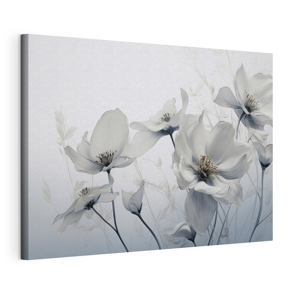 Bloemen in flinterdunne grijstinten, gespannen canvas met doorlopende rand