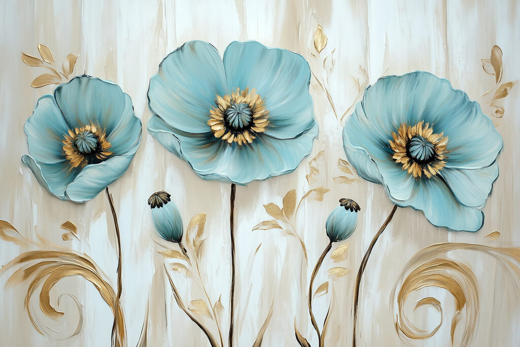 Blauwe bloemen, goudkleurige stelen — volledig ontwerp