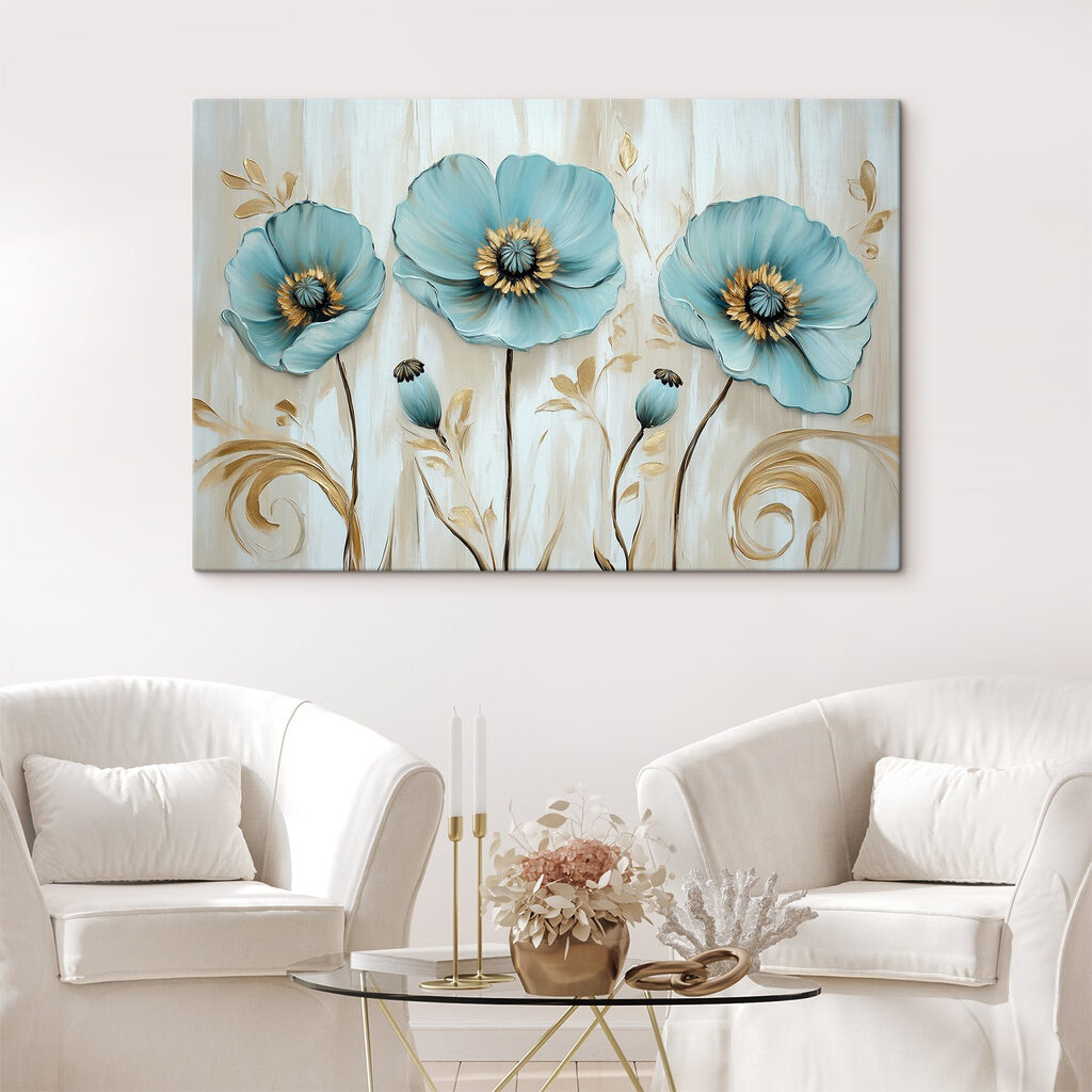 Blauwe bloemen, goudkleurige stelen — interieur 2