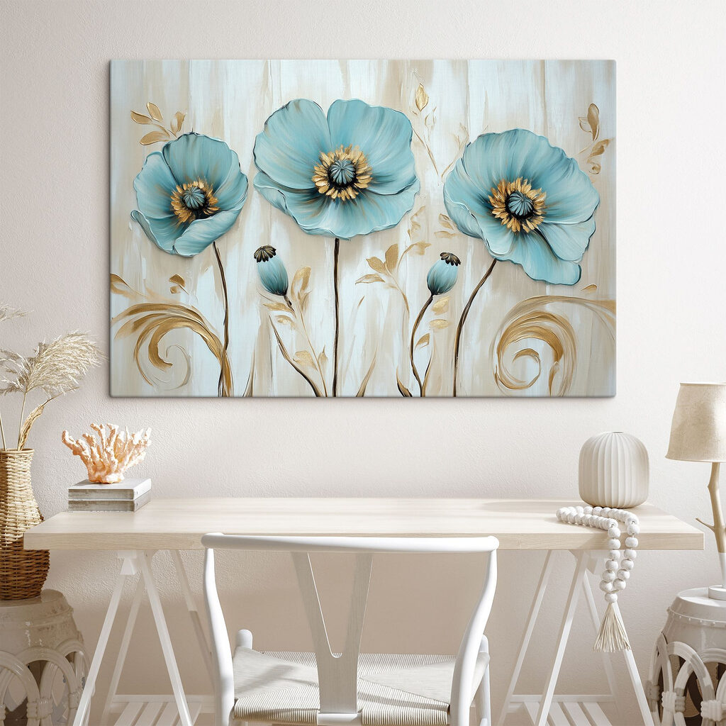 Blauwe bloemen, goudkleurige stelen — interieur 3