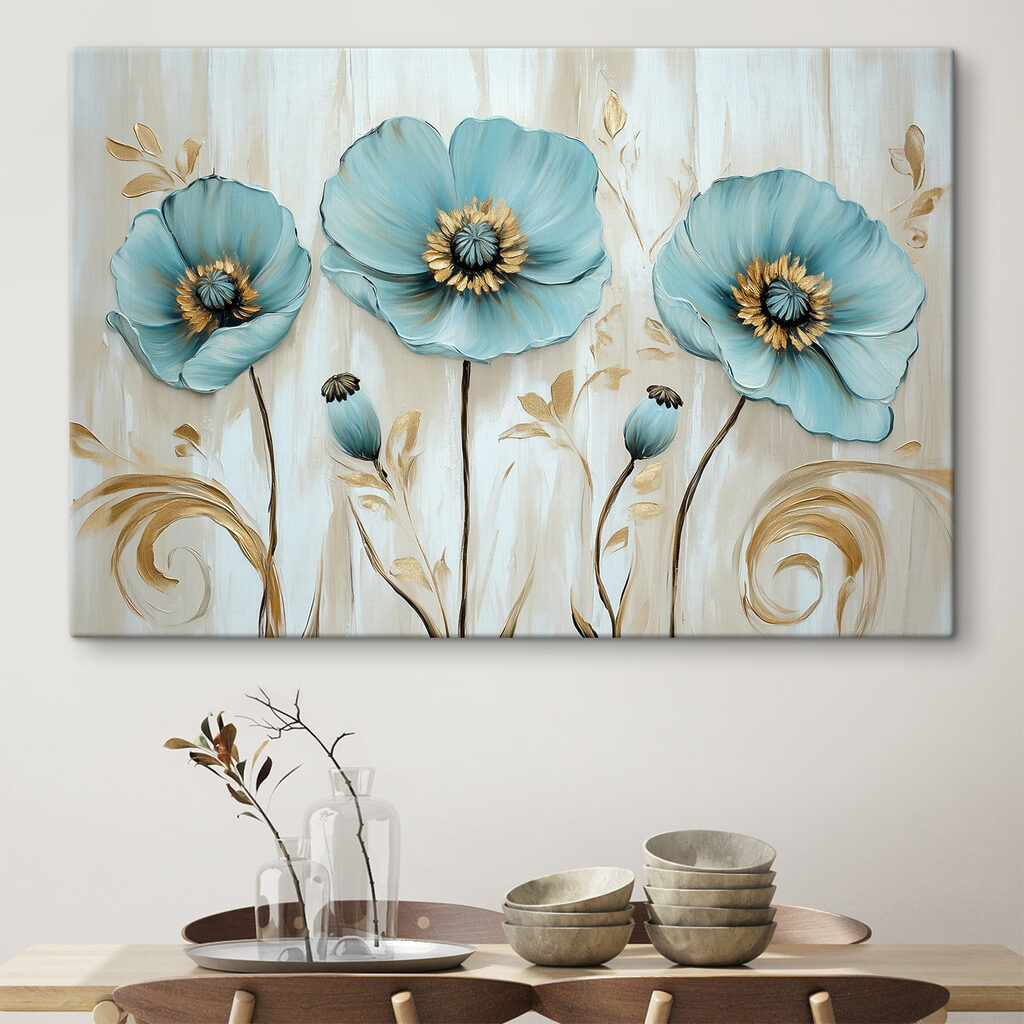 Blauwe bloemen, goudkleurige stelen — interieur 1