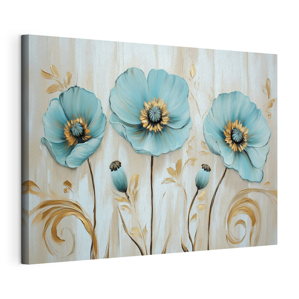 Blauwe bloemen, goudkleurige stelen, gespannen canvas met doorlopende rand