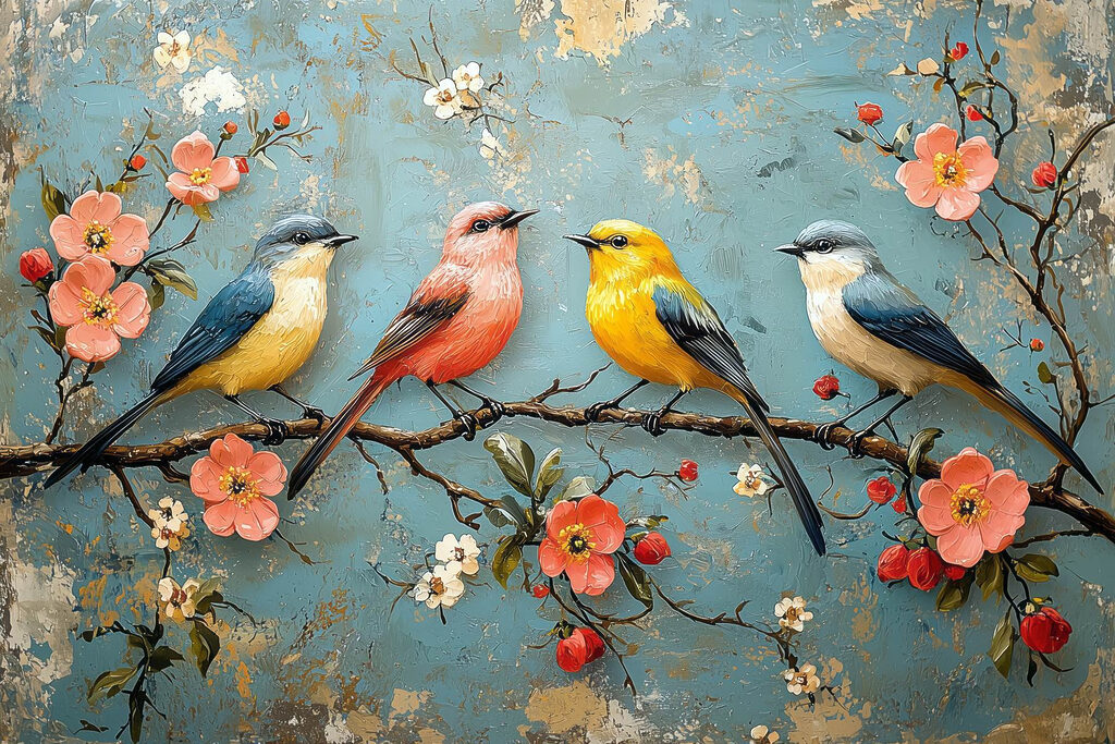 Vier vogels op bloesemboog — volledig ontwerp