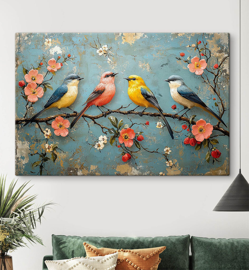 Vier vogels op bloesemboog in een interieur