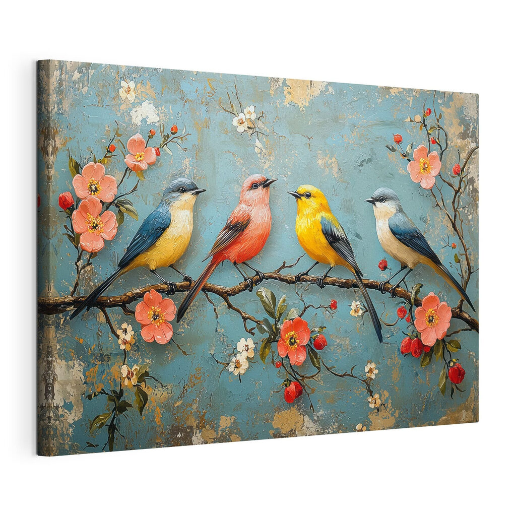 Vier vogels op bloesemboog, gespannen canvas met doorlopende rand