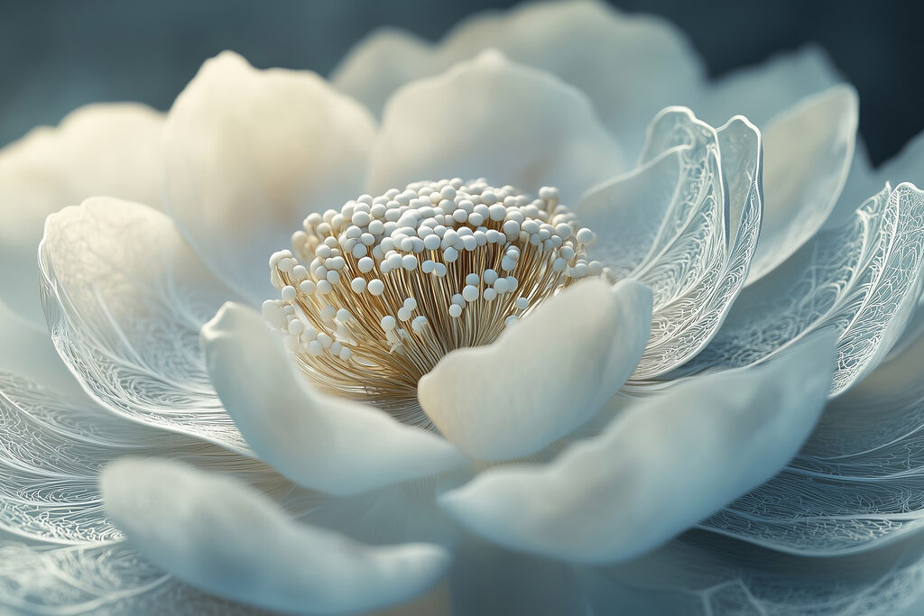 Witte bloem, ragfijne nerven — volledig ontwerp