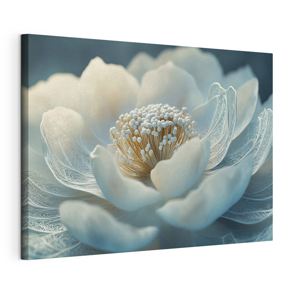 Witte bloem, ragfijne nerven, gespannen canvas met doorlopende rand