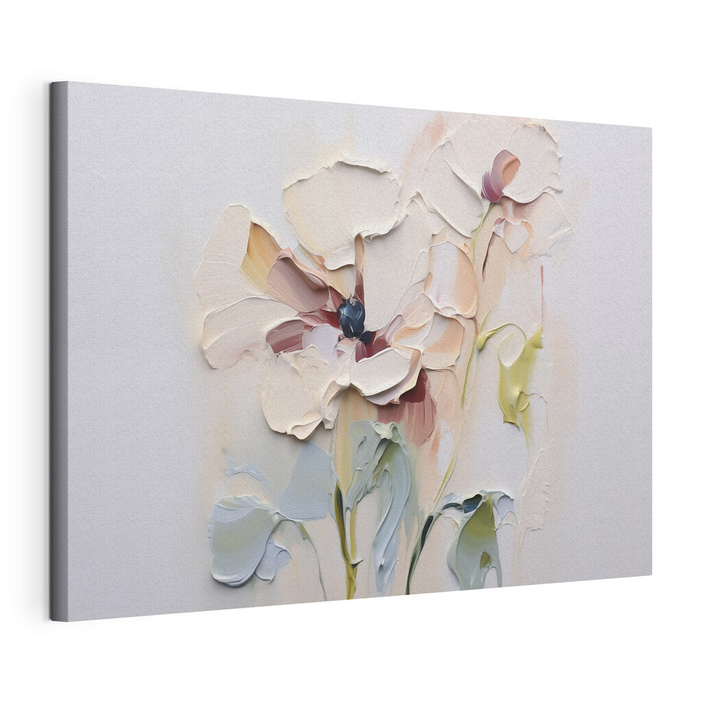 Pastelbloemen op bleke verf, gespannen canvas met doorlopende rand