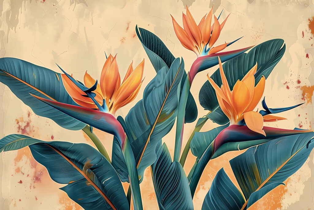 Paradijsvogelbloemen tussen blauwgroene bladeren — volledig ontwerp