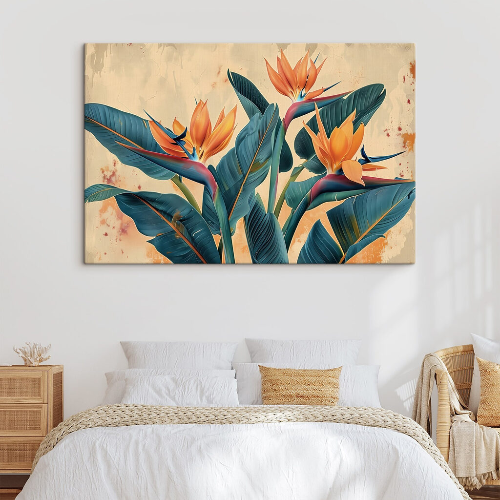 Paradijsvogelbloemen tussen blauwgroene bladeren — interieur 1