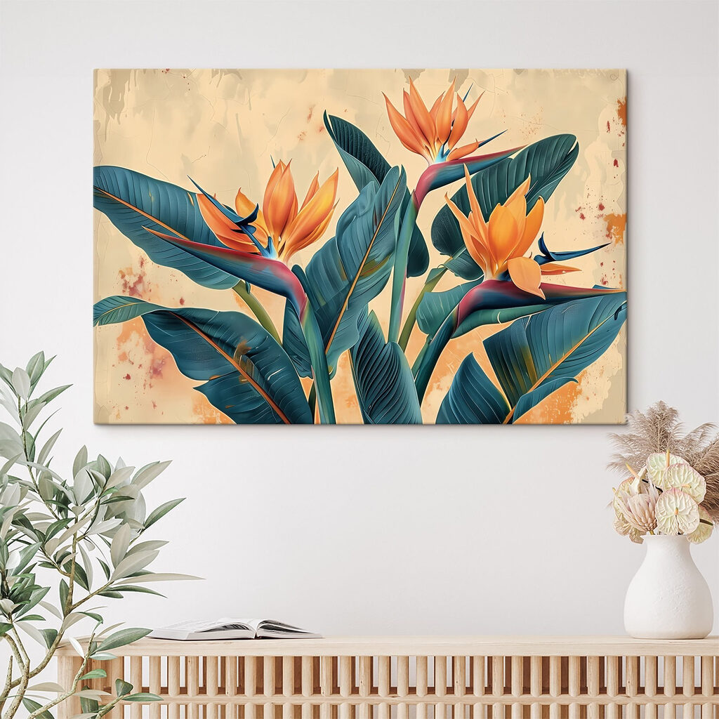 Paradijsvogelbloemen tussen blauwgroene bladeren — interieur 2