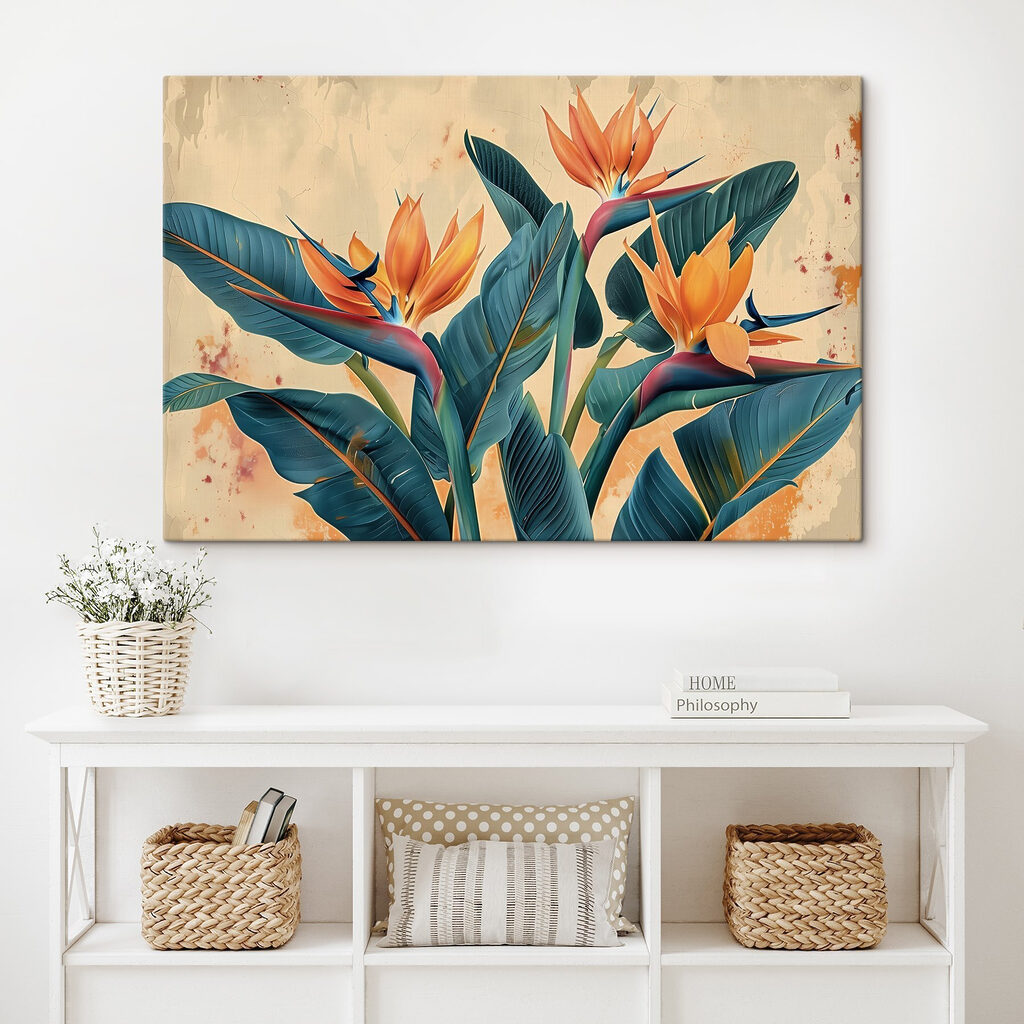 Paradijsvogelbloemen tussen blauwgroene bladeren — interieur 3