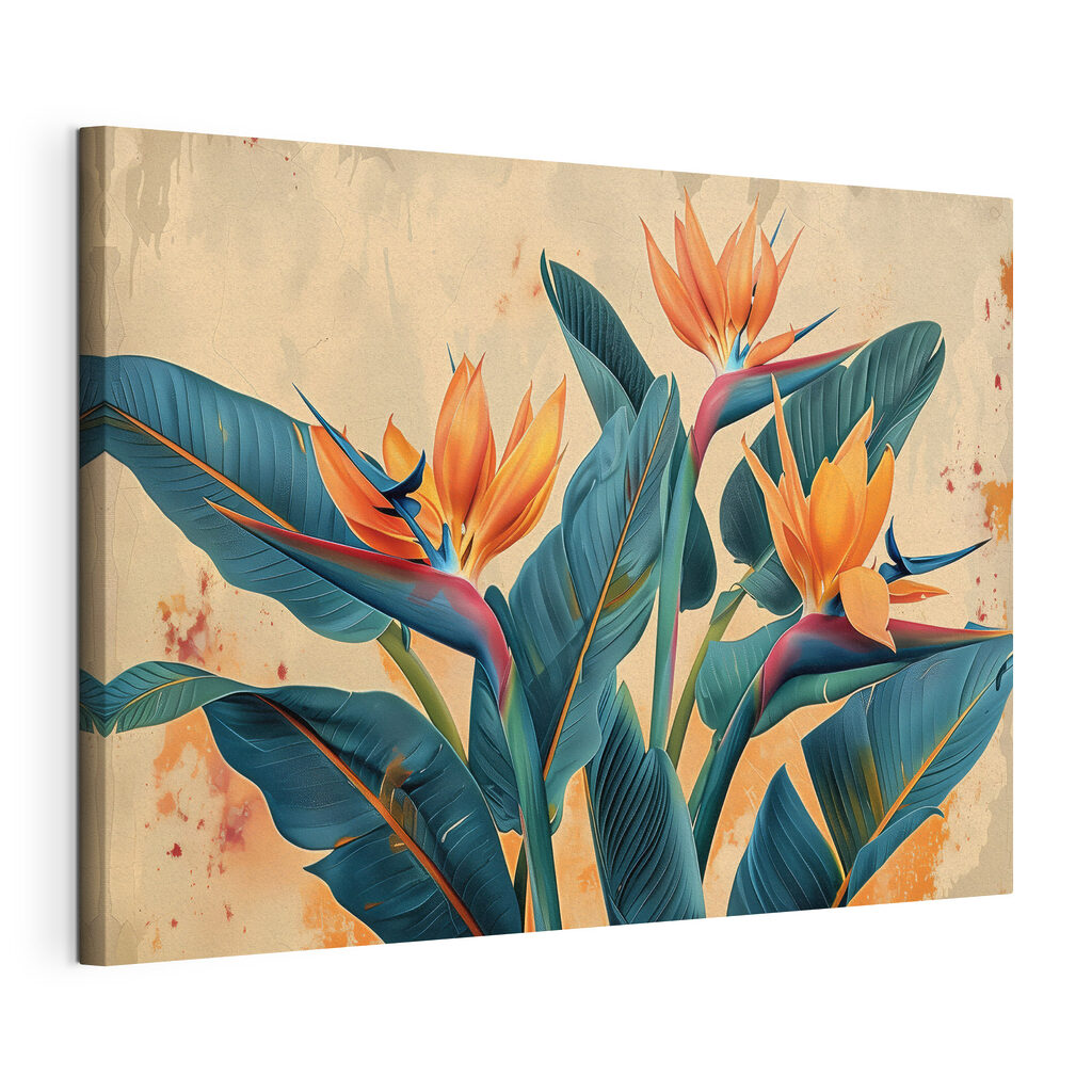 Paradijsvogelbloemen tussen blauwgroene bladeren, gespannen canvas met doorlopende rand