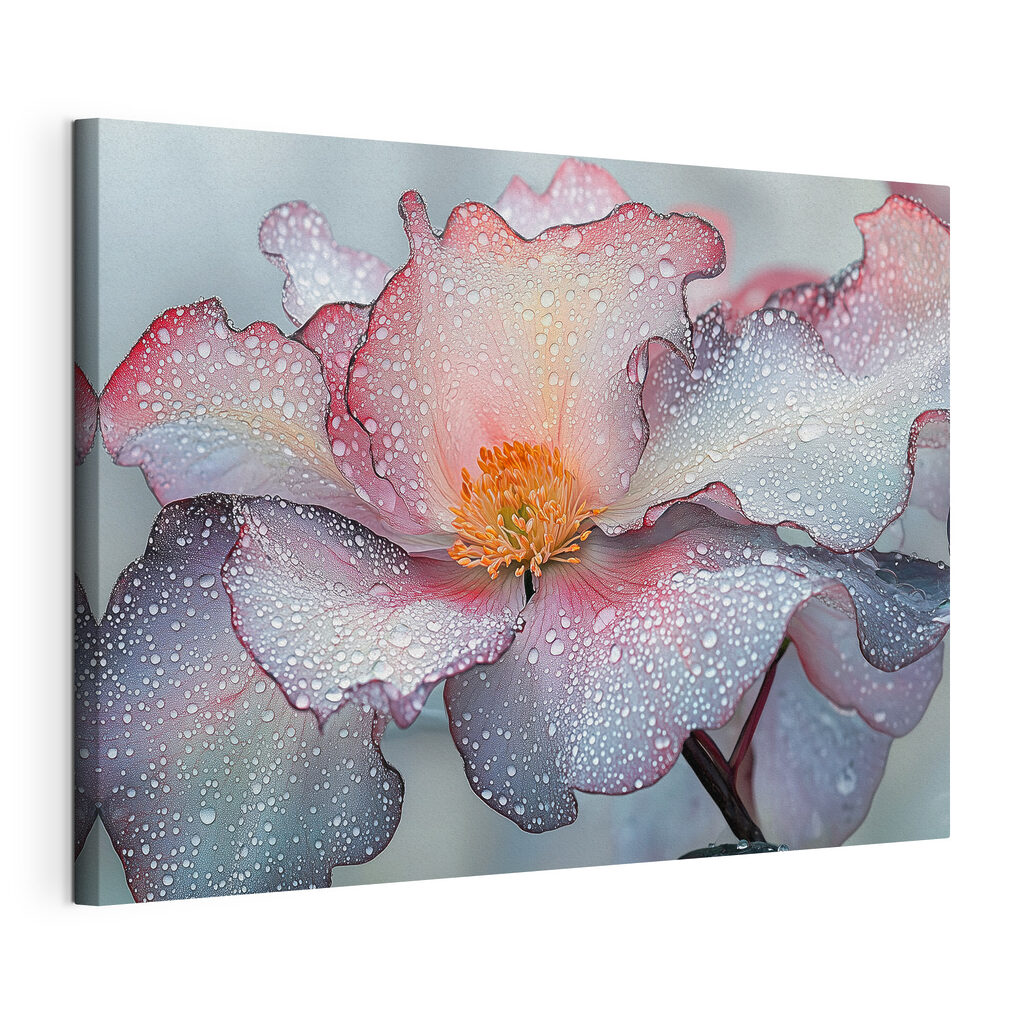 Roze bloem vol dauwlicht, gespannen canvas met doorlopende rand