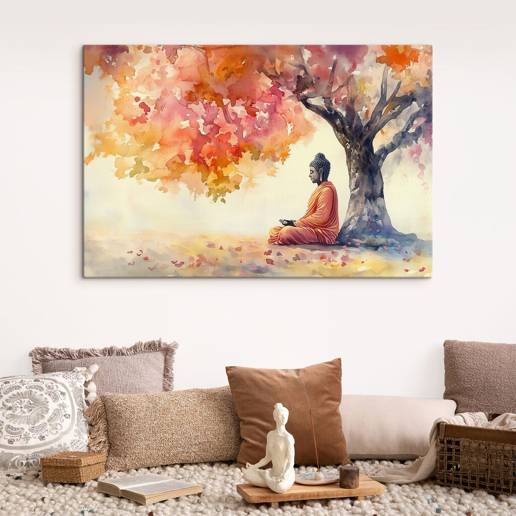 Boeddha onder herfstbladeren in een interieur