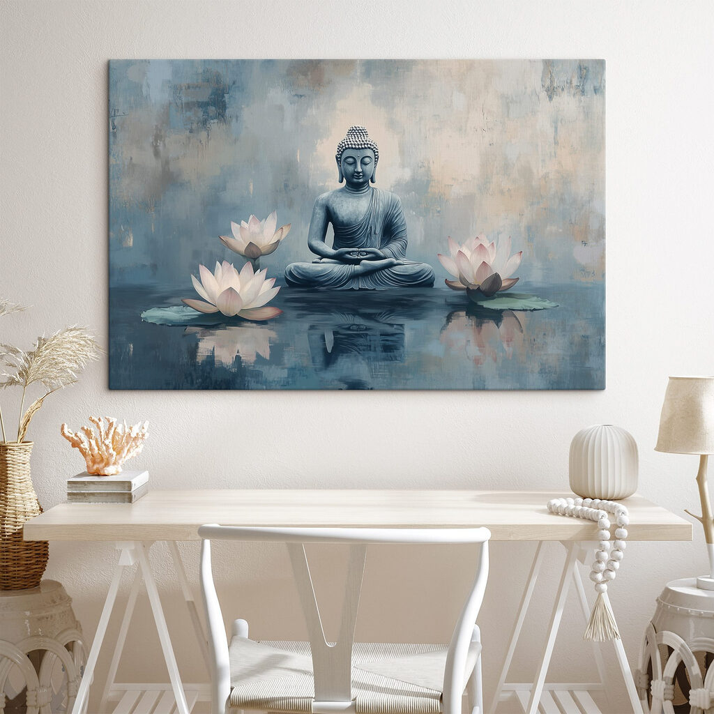 Boeddha tussen drie lotussen in een interieur