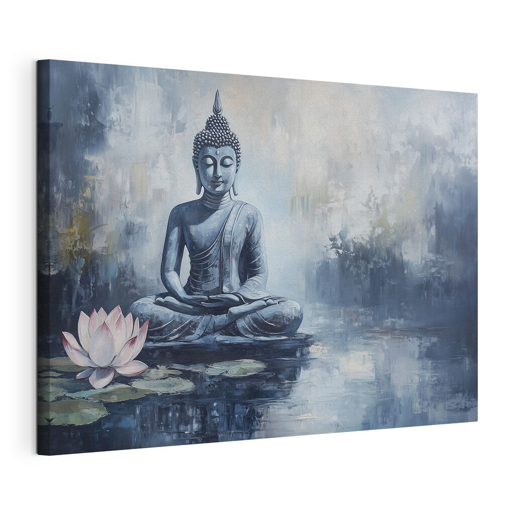 Boeddha in blauwe vijvernevel, gespannen canvas met doorlopende rand