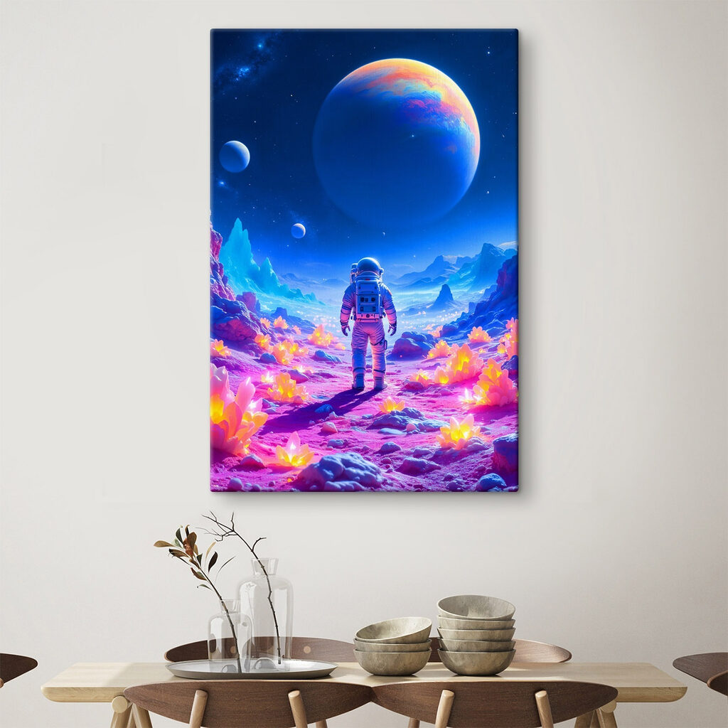 Een astronaut in neonbergen in een interieur