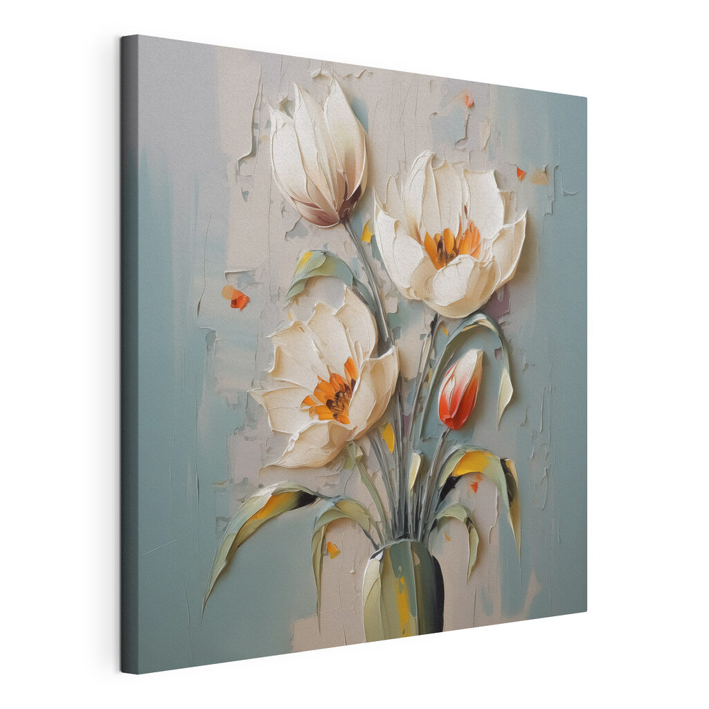 Tulpen in losse verf, gespannen canvas met doorlopende rand