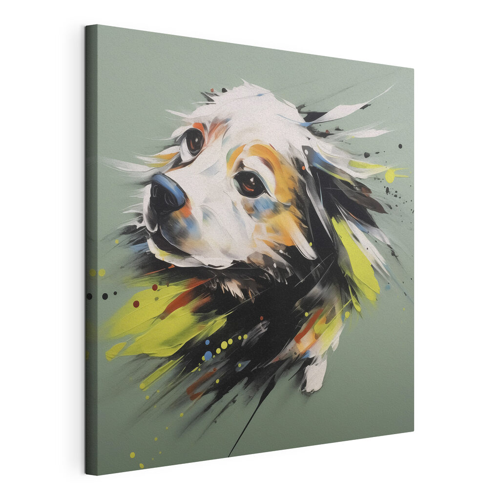 Een hondenkop in verfspetters, gespannen canvas met doorlopende rand