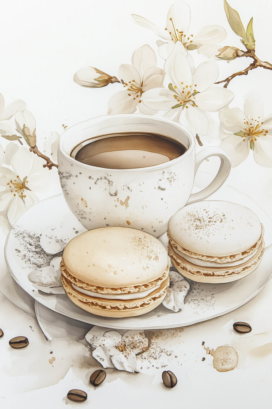 Witte bloemen bij koffiekopje — volledig ontwerp