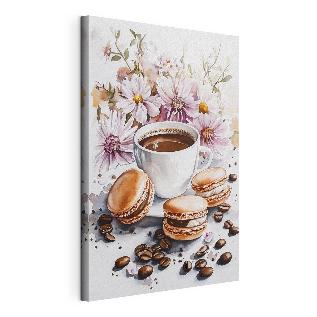 Koffie tussen roze veldbloemen, gespannen canvas met doorlopende rand