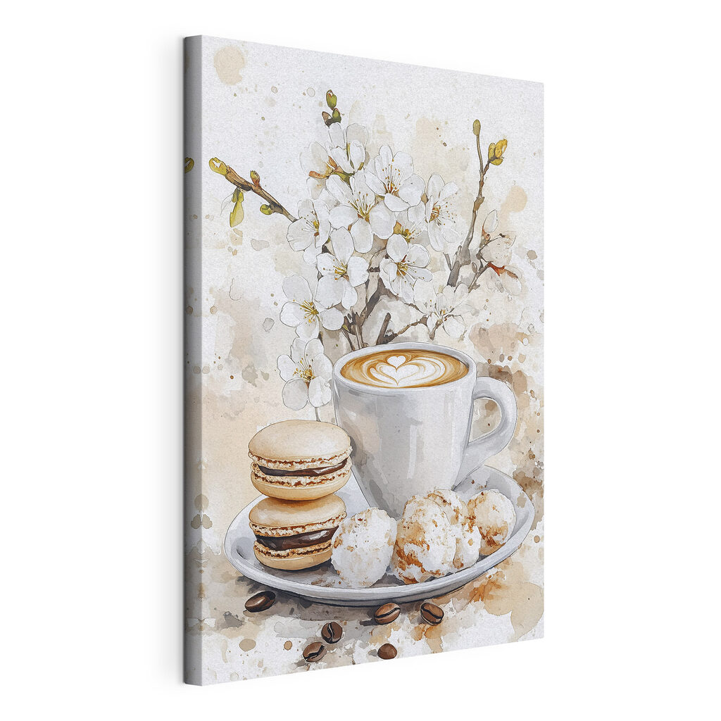 Cappuccino bij witte bloesem, gespannen canvas met doorlopende rand