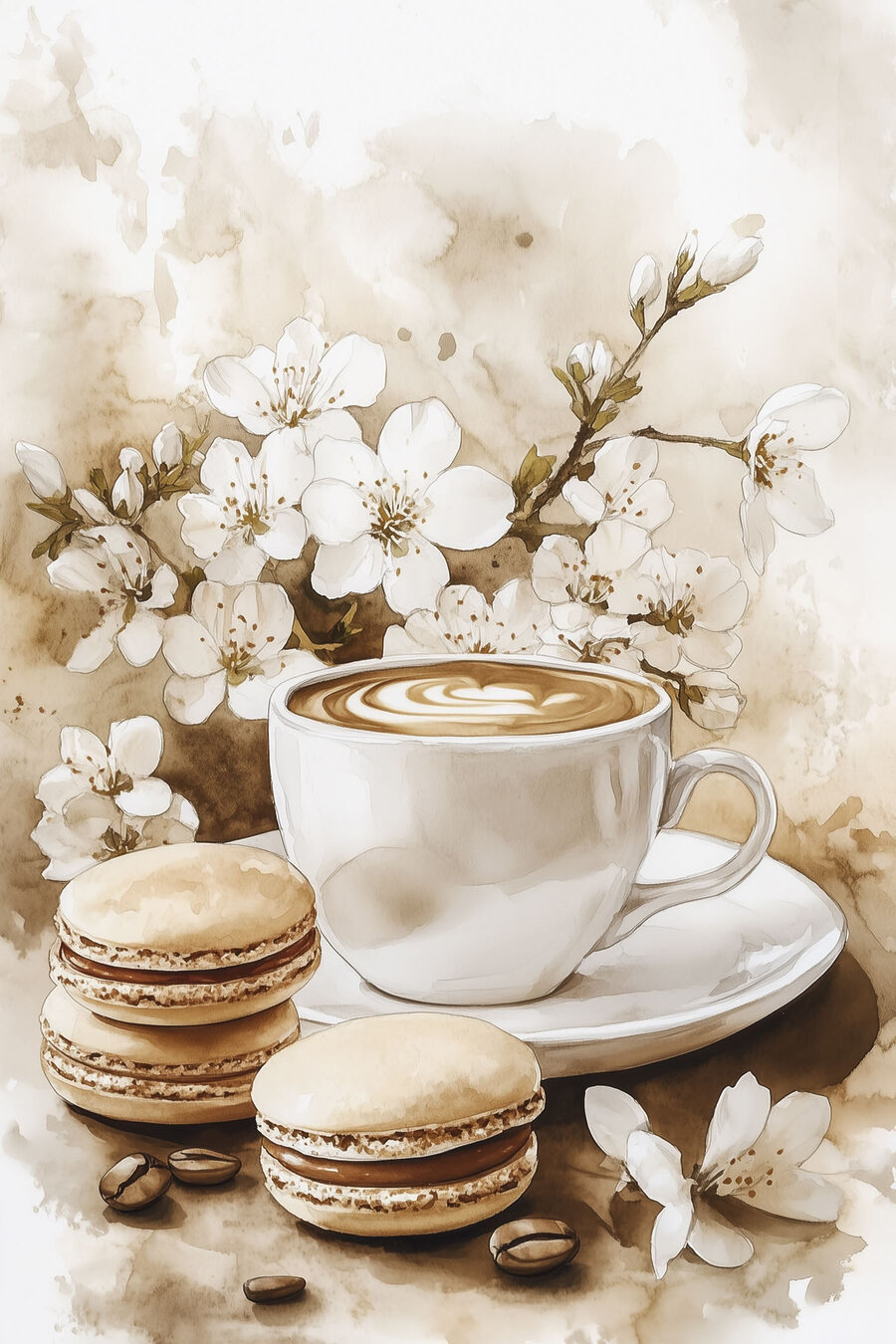Twee macarons naast koffie — volledig ontwerp