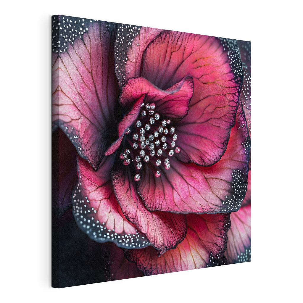 Roze bloem met parelstipjes, gespannen canvas met doorlopende rand