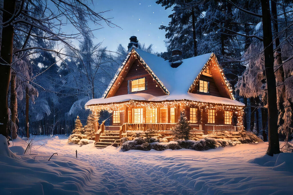 Kersthuis in nachtblauwe sneeuw — volledig ontwerp