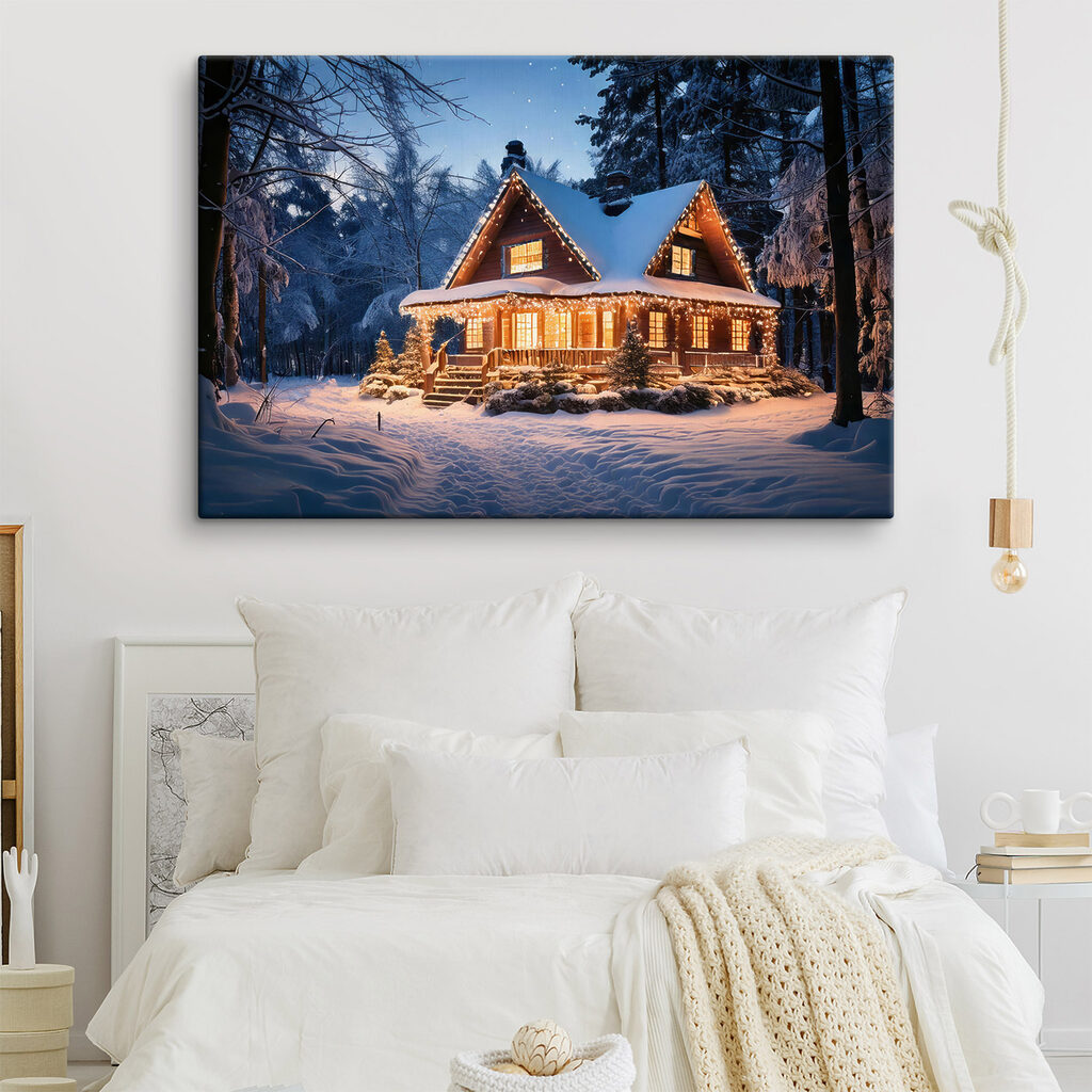 Kersthuis in nachtblauwe sneeuw — interieur 1