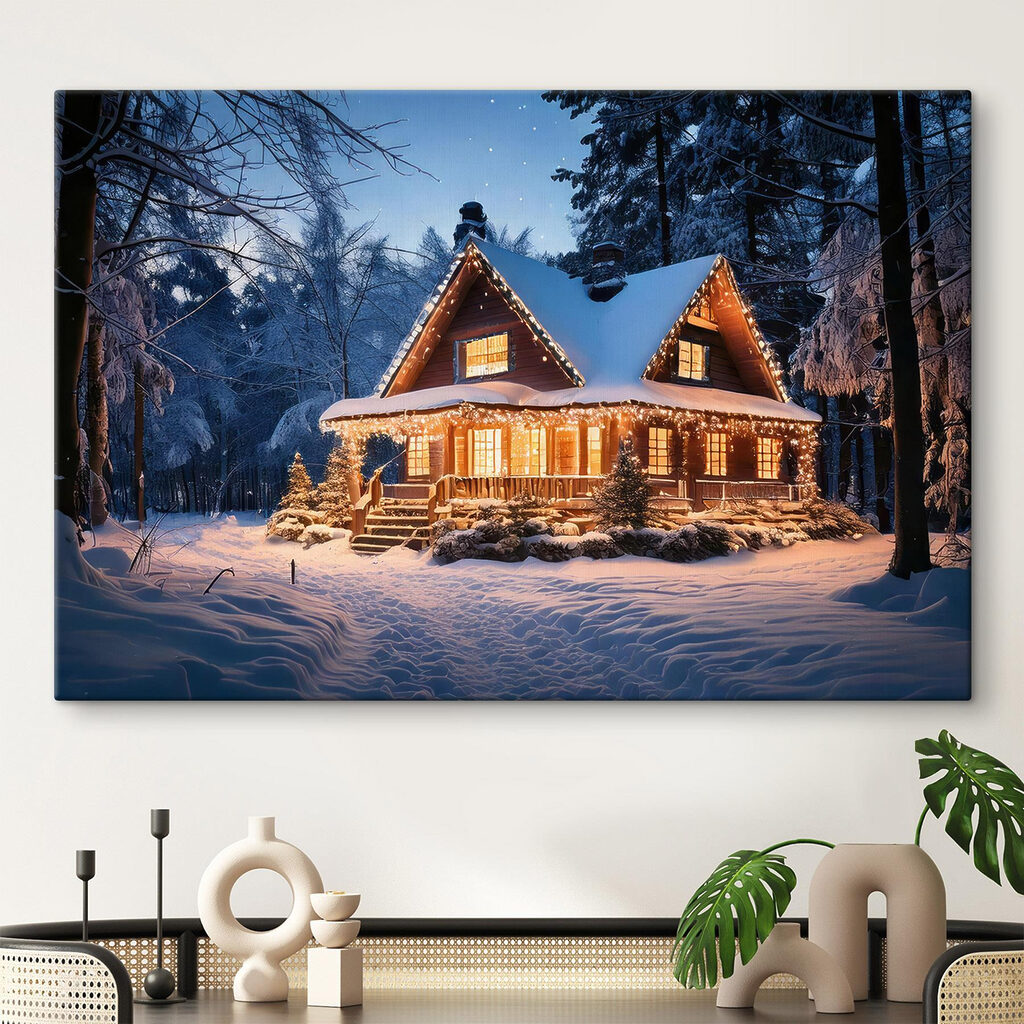 Kersthuis in nachtblauwe sneeuw — interieur 2
